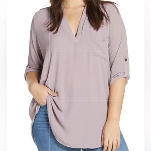 Lush Split Front Tunic Blouse Size L NWT Mauve V-Neck Roll Tab Sleeve